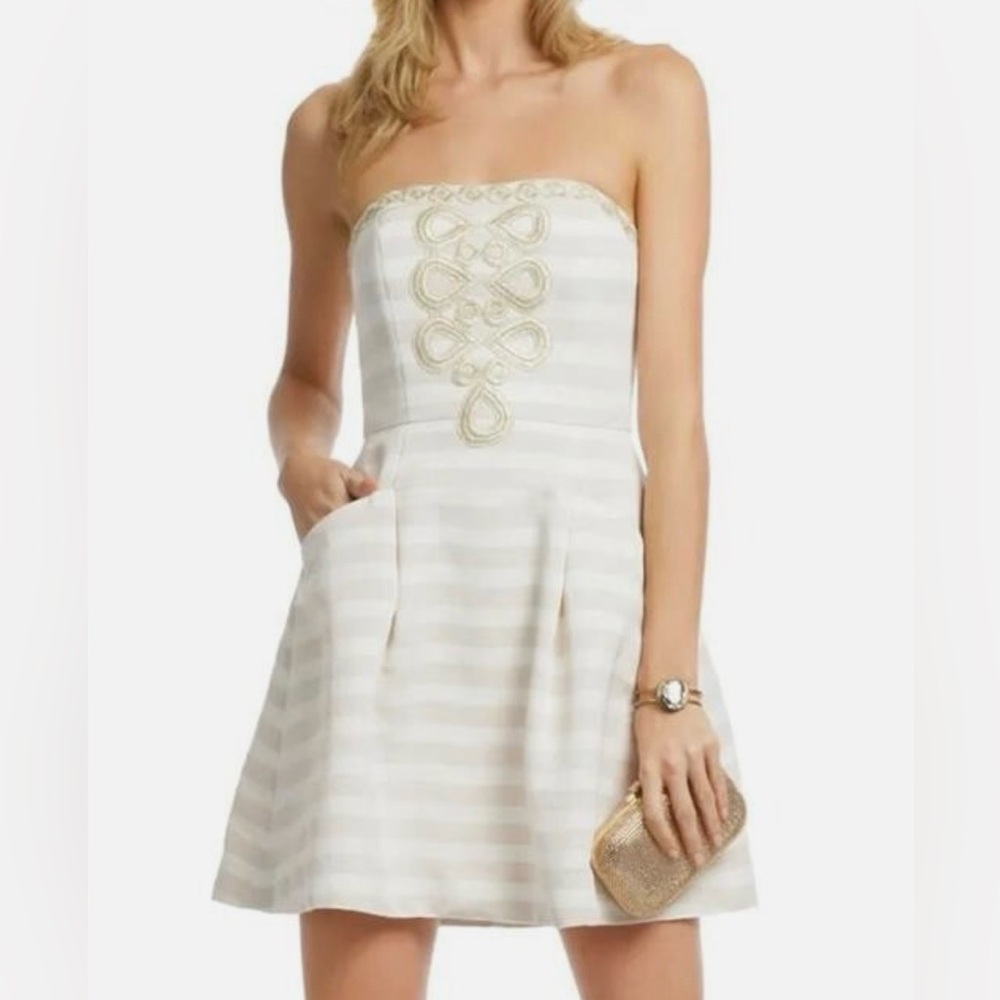 Lilly Pulitzer Blossom Cream & Metallic Gold Fit & Flare Strapless Striped Dress